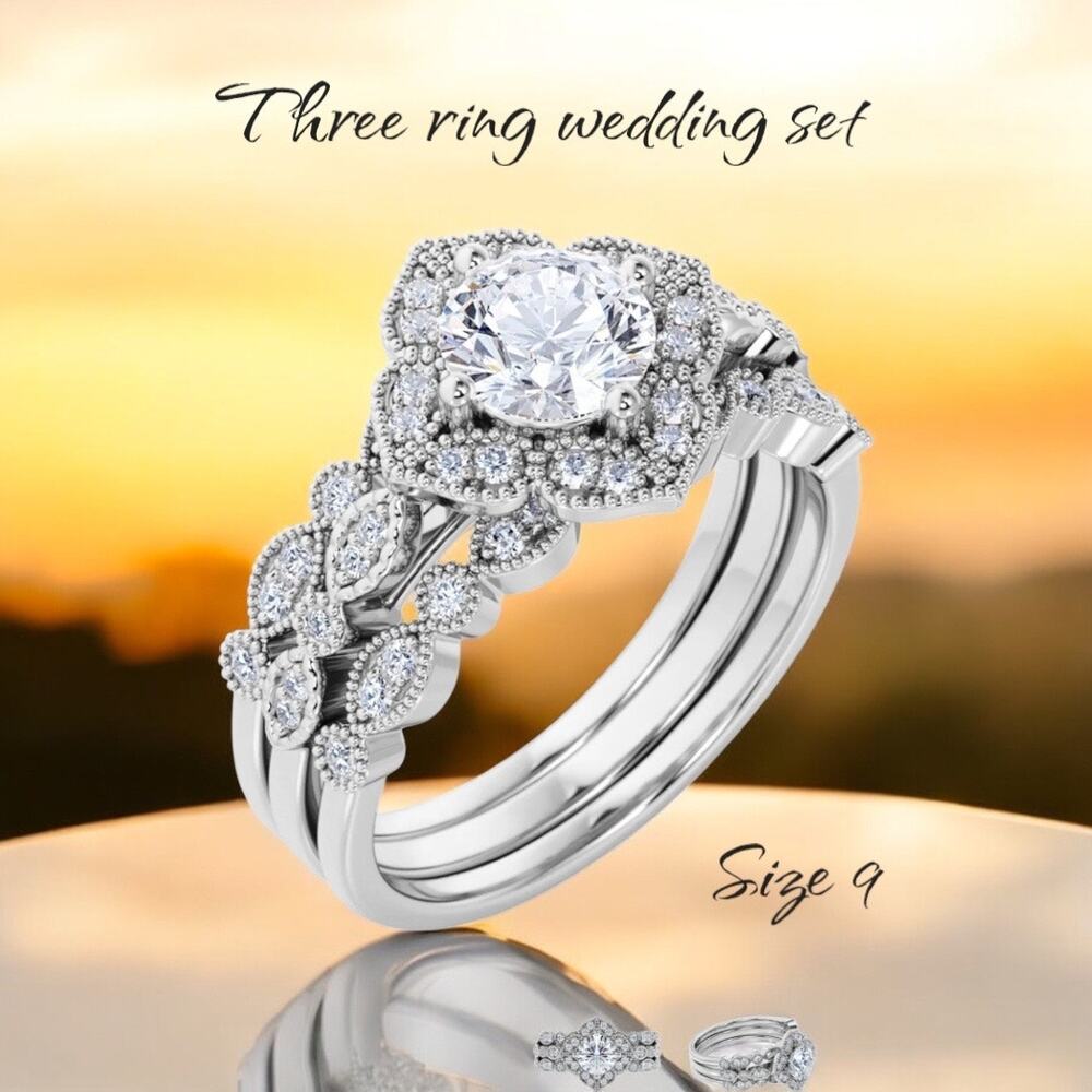 Wedding Set-Engagement 1.75 Carat Round Cut Moissanite Trio Set - Vintage Style